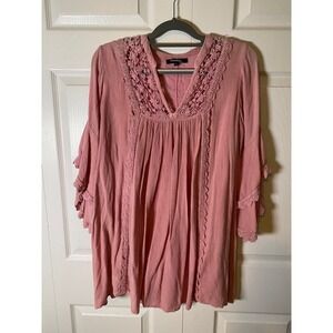 Rebellion Again Womens Pink Boho Crochet Lace Bell Sleeve Tunic Top Large